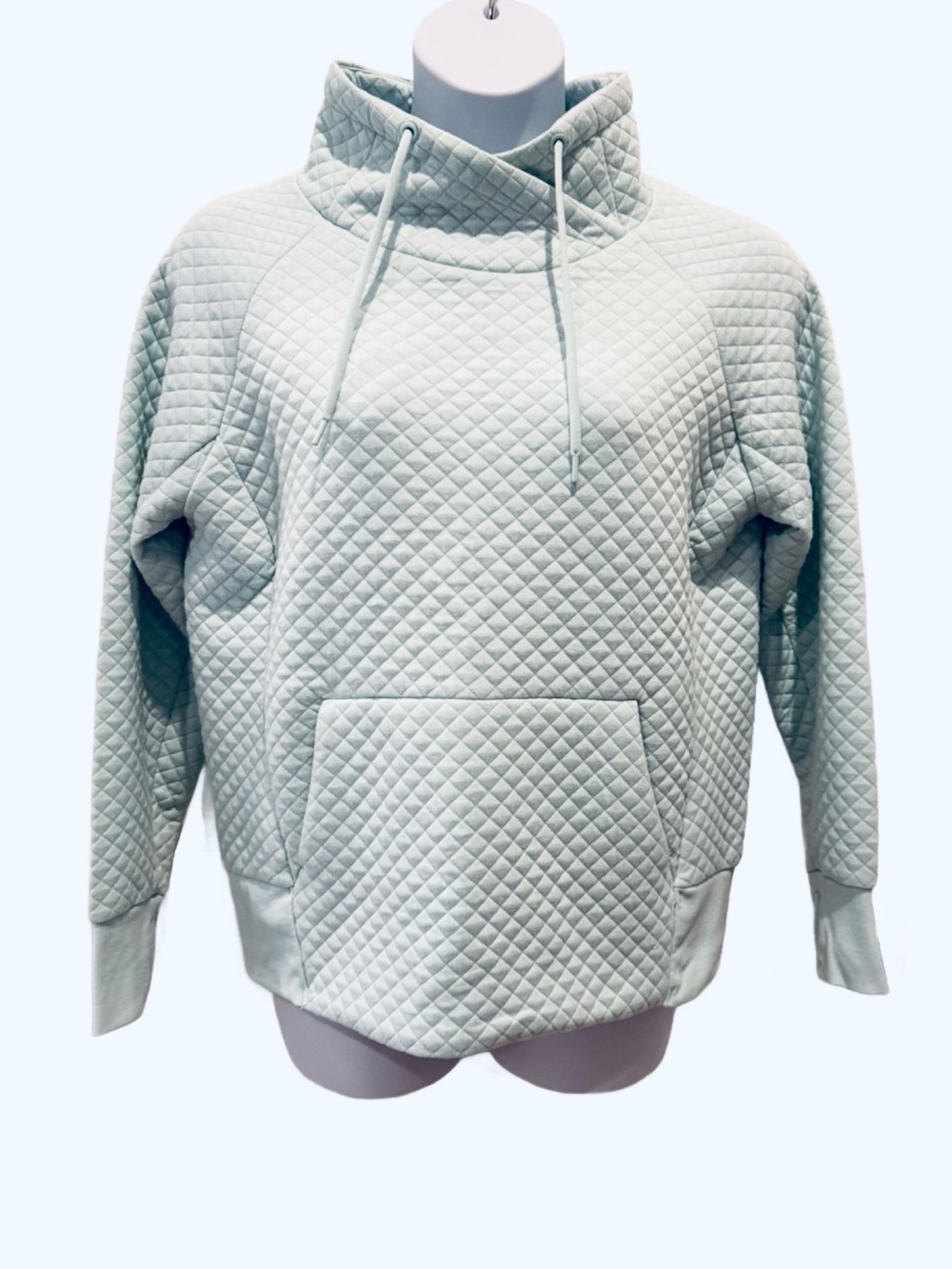 Green Tea Quilted Funnel Neck Pullover Hoodie - Light Mint. Large